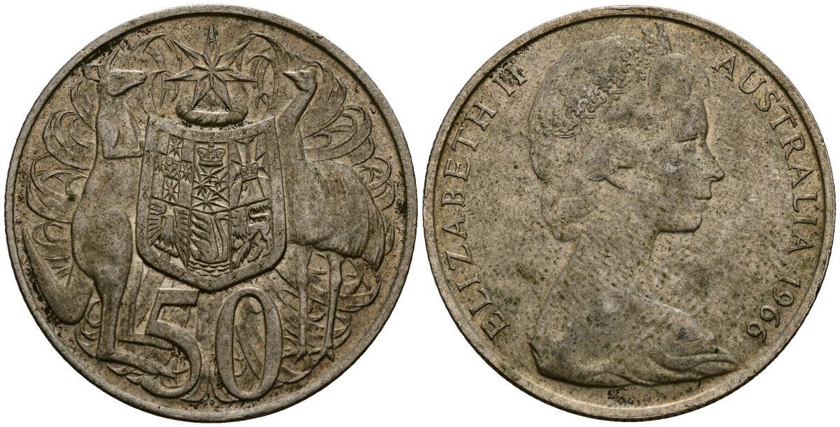 Австралия 50 центов 1966 Елизавета II (1952-2022), герб Австралии, кенгуру KM 67 серебро 4168-934
