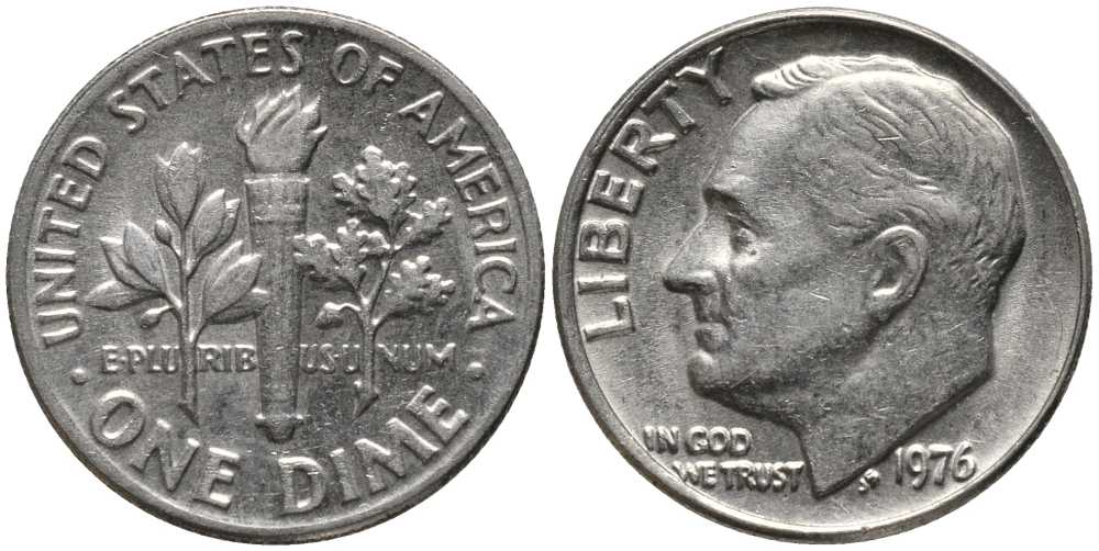 США 10 ЦЕНТОВ = 1 ДАЙМ 1976 РУЗВЕЛЬТ KM 195а медь плакированная медно-никелем 112-643