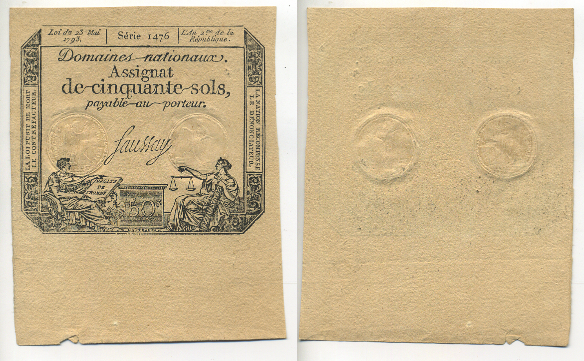 ФРАНЦИЯ 50 СУ 1793 23 МАЯ 1793, ВОДЯНОЙ ЗНАК RF/50s, СЕРИЯ 1476, ЖЕЛТАЯ БУМАГА Pick А70b бумага UNC (ПРЕСС) 7552-24-1