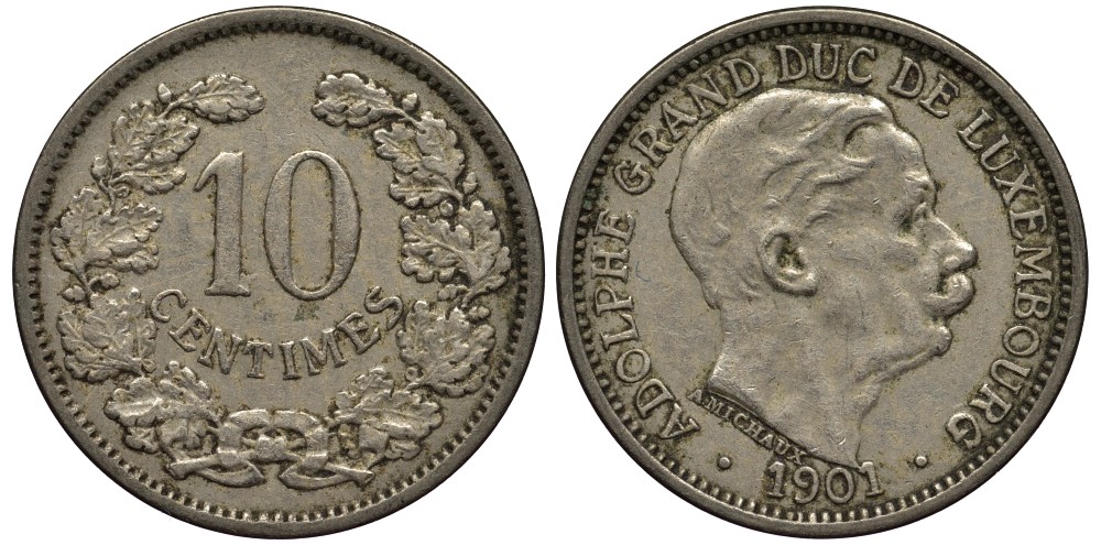 ЛЮКСЕМБУРГ 10 САНТИМОВ 1901 ВЕЛИКИЙ ГЕРЦОГ АДОЛЬФ (1890-1905) КМ 25 медно-никель 4538-713