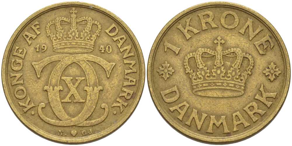 ДАНИЯ 1 КРОНА 1940 N; GJ, КРИСТИАН X (1912-1947) KM 824.2 алюминиевая бронза 38-426