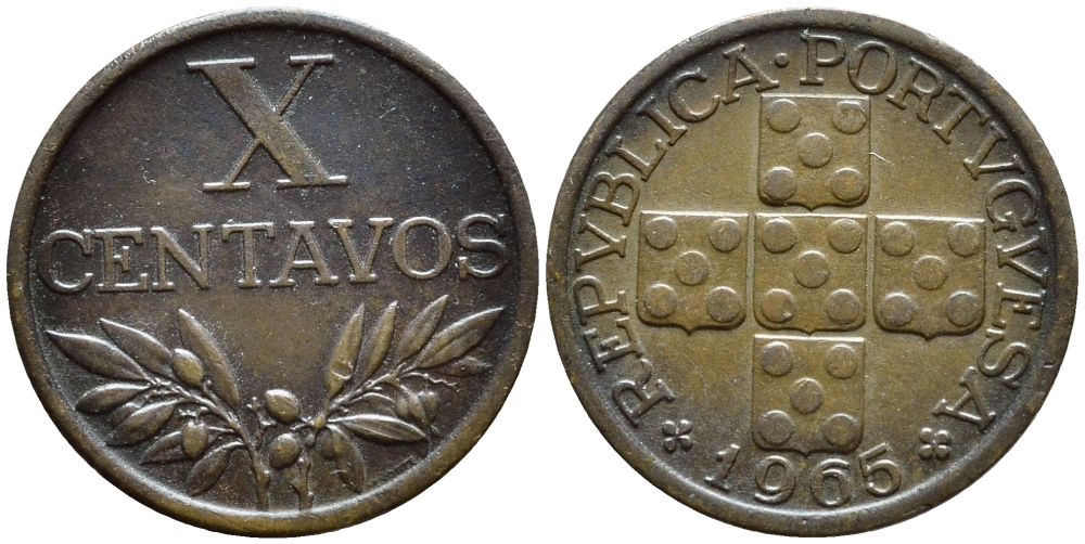 ПОРТУГАЛИЯ 10 СЕНТАВО 1965 KM 583 бронза 4392-1333