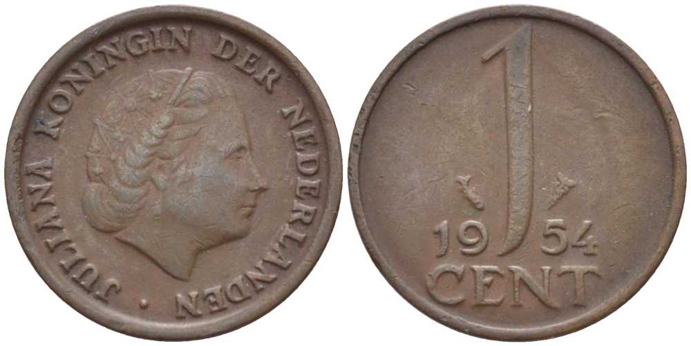 Нидерланды 1 цент 1954 Юлиана (1949-1980) KM 180 бронза 206-722
