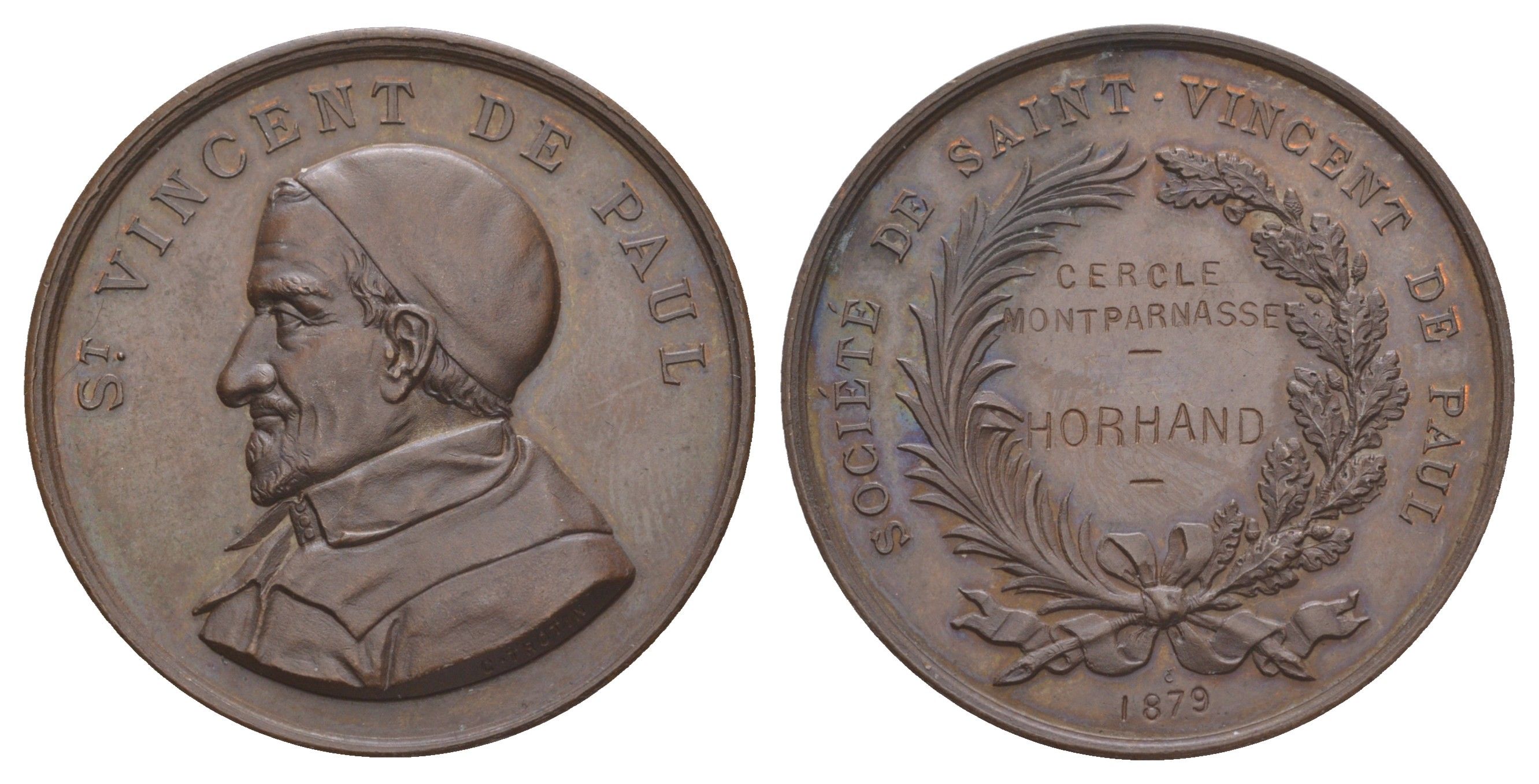 Франция медаль вручаемая Общество Святого Винсента де Поля 1879 Кружок Монпарнас, Викентий де Поль, диаметр 33 мм, вес 16,3 гр бронза UNC 1516-1422