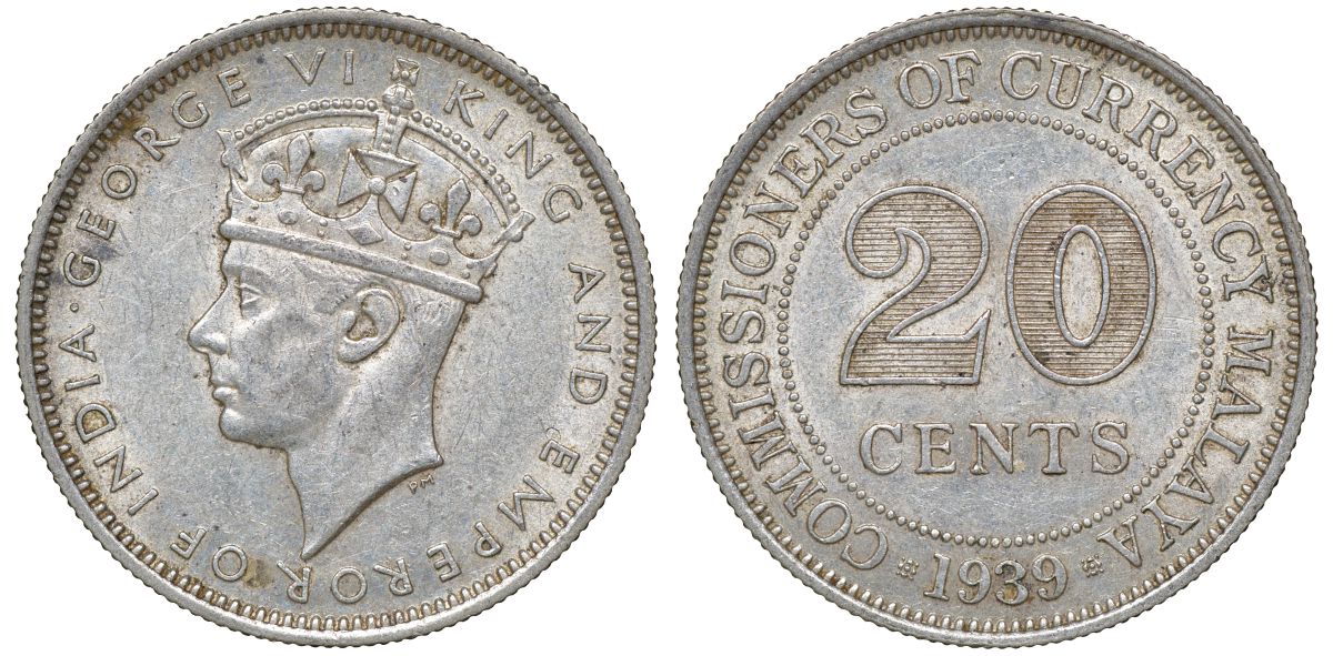 Британская Малайя 20 центов 1939 Георг VI (1937-1952) KM 5 серебро 53-416