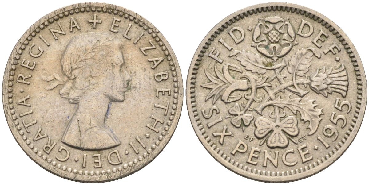 Великобритания 6 пенсов 1955 Елизавета II (1952-2022) KM 903, Spink 4149 медно-никель 4115-728