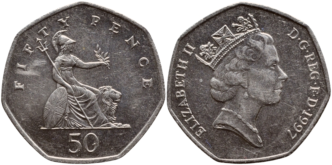 Великобритания 50 пенсов 1997 Елизавета II (1952-2022) KM 940.2, Spink 4351 (H7) медно-никель 51-4113