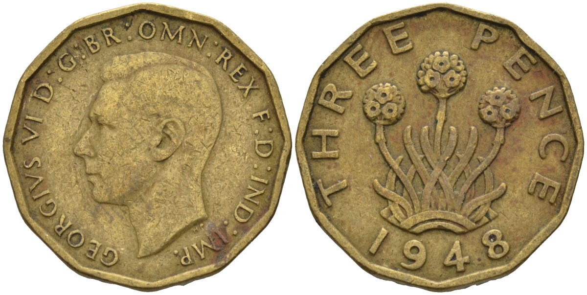 Великобритания 3 пенса 1948 Георг VI (1936-1952) KM 849, Spink 4112 никель латунь 4146-332
