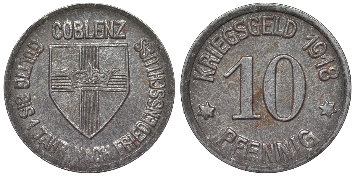 Германия, Кобленц 10 пфеннигов 1918 Рейнлянд-Пфальц, нотгельд железо 4119-1023
