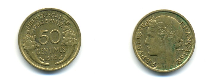ФРАНЦИЯ 50 САНТИМОВ 1939 ТИП МОРЛОН KM 894.1, LE FRANC 192.15 алюминиевая бронза 80-864