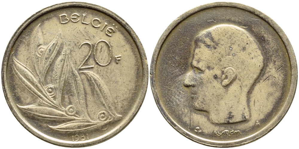БЕЛЬГИЯ 20 ФРАНКОВ 1981 BELGIE KM 160 никель бронза 75-727