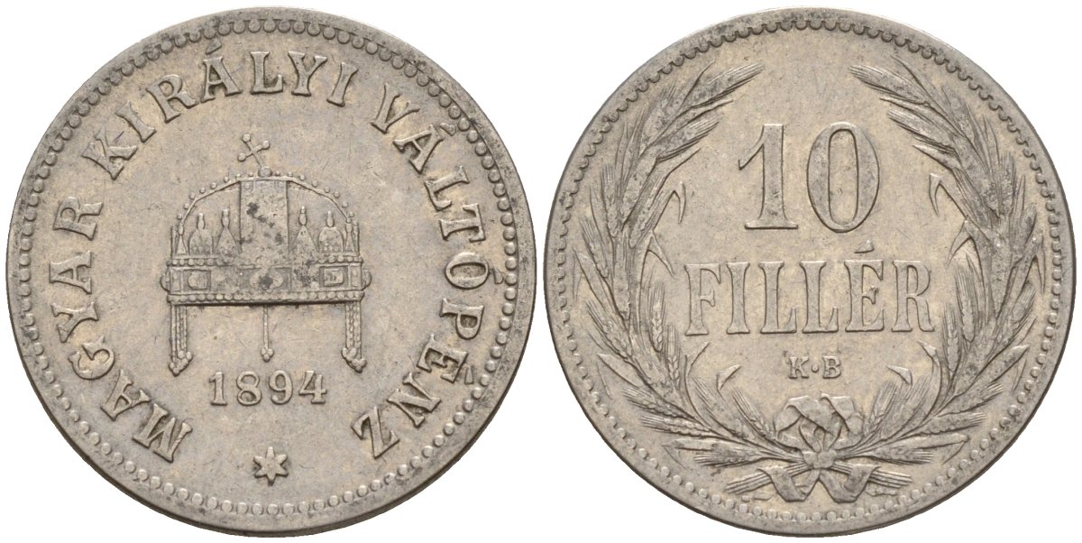 Венгрия 10 филлеров 1894 KB, Франц Иосиф I (1848-1916) KM 482 никель 4151-1054