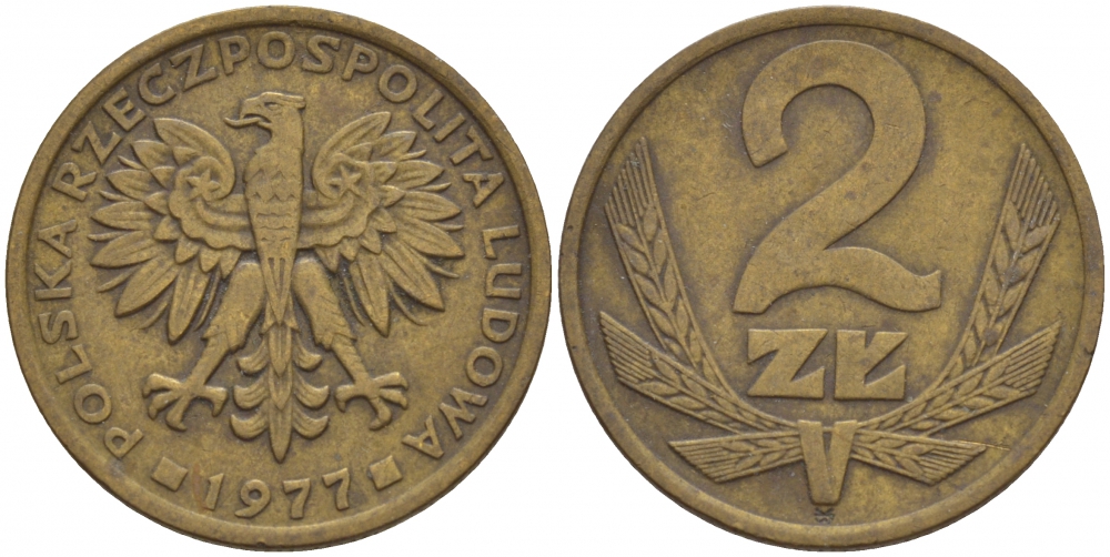 ПОЛЬША 2 ЗЛОТЫХ 1977 ЛЕНИНГРАДСКИЙ МОНДВОР KM 80.1 латунь 4548-513