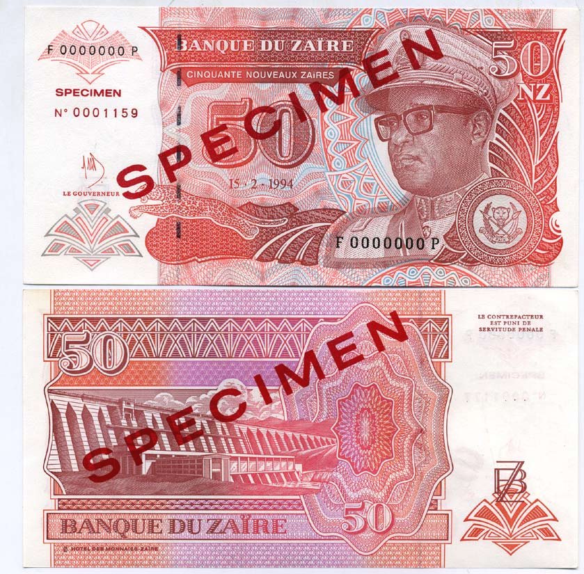 Заир 50 заиров 1994 Мобуту Сесе Секо в военной форме, ГЭС "Инга". Образец, Specimen Pick 59 s бумага UNC (пресс) 448-37-3