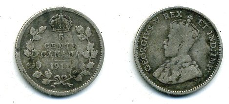 КАНАДА 5 ЦЕНТОВ 1911 ГЕОРГ V серебро 46-414