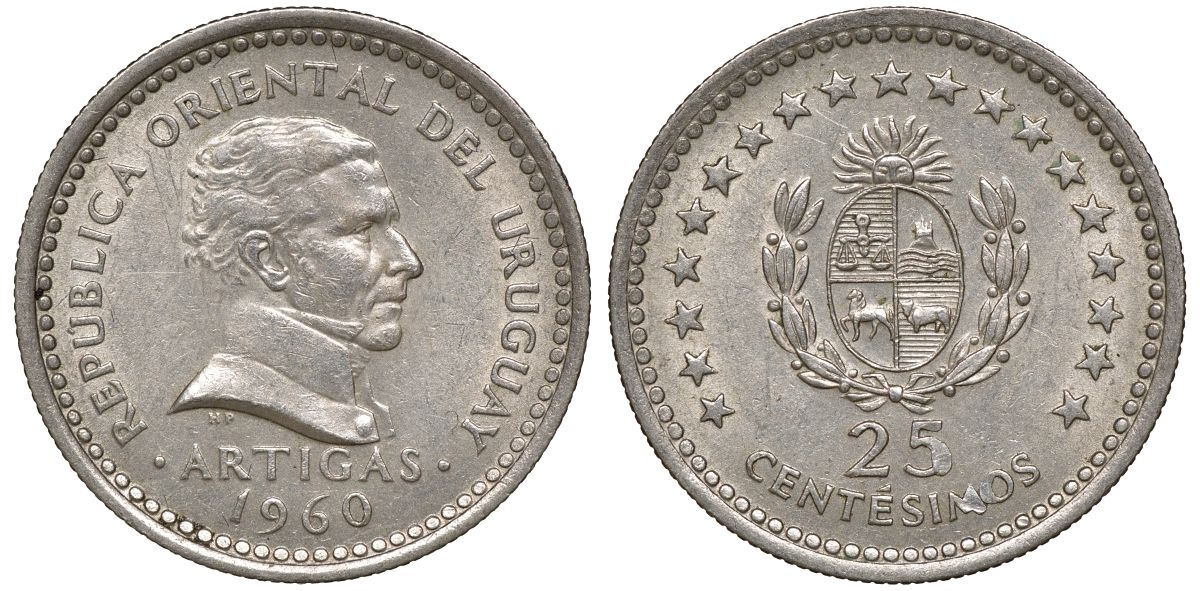 Уругвай 25 сентесимо 1960 KM 40 медно-никель 4169-816