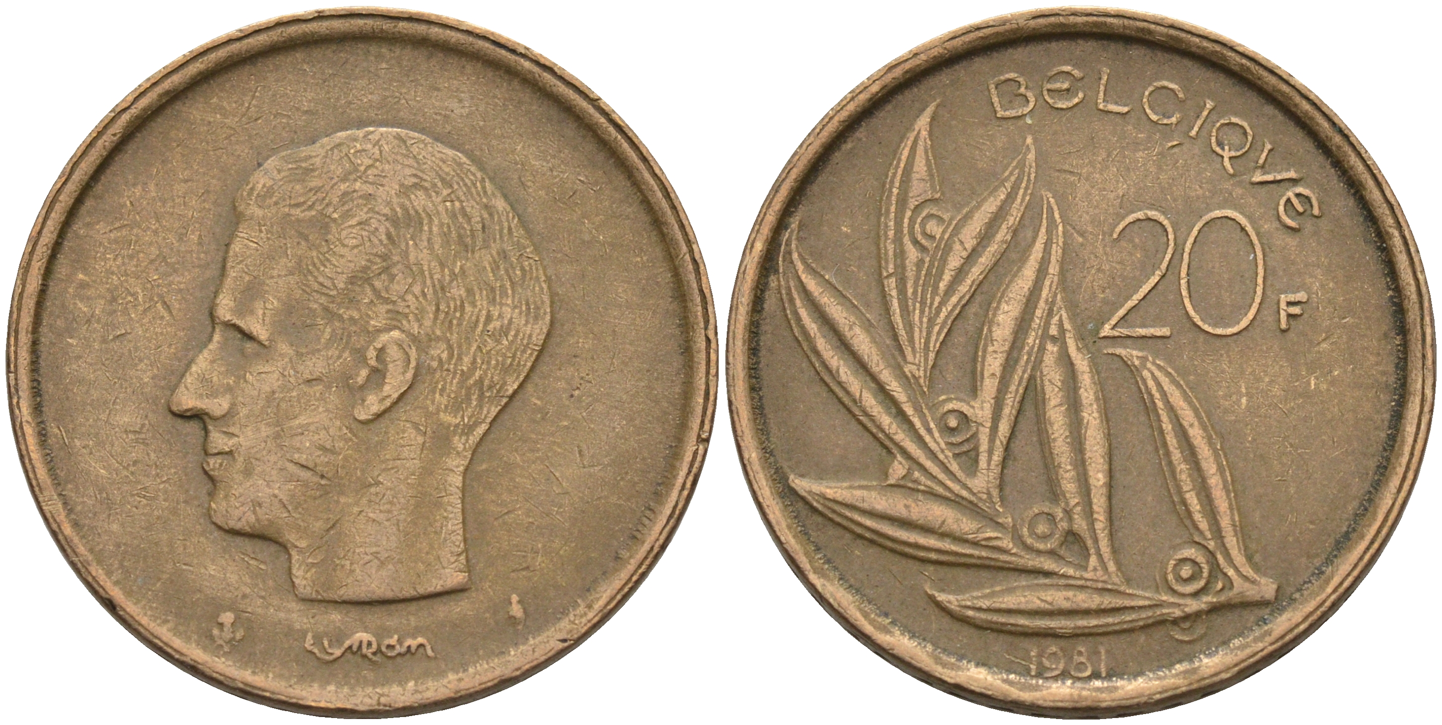 Бельгия 20 франков 1981 Belgique, Бодуэн I (1951-1993) KM 159 никель бронза    4592-1222