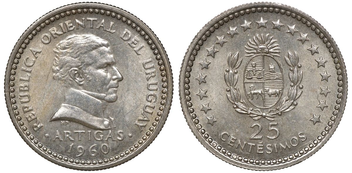 Уругвай 25 сентесимо 1960 KM 40 медно-никель 4169-1036