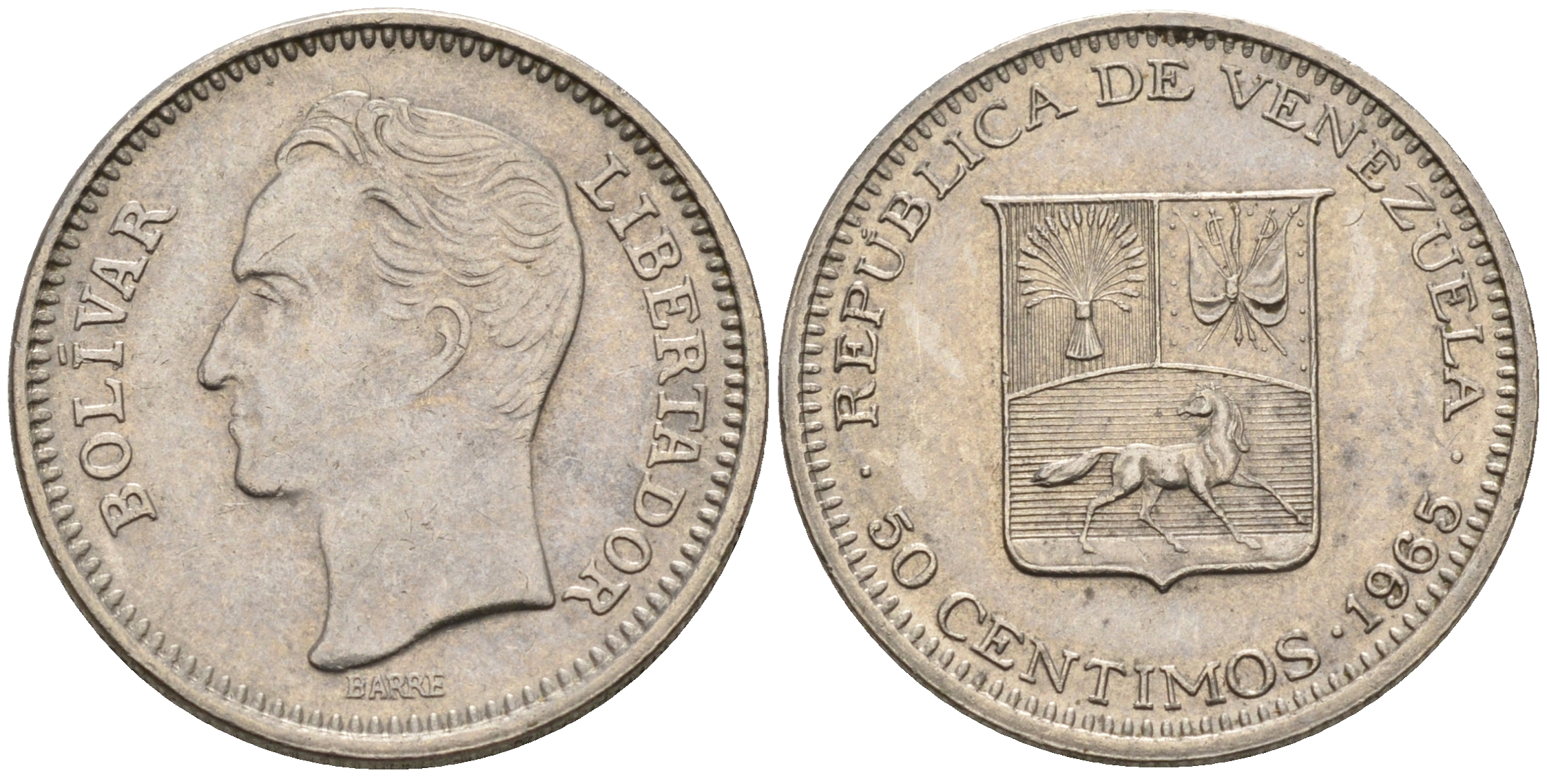 Венесуэла 50 сентимо 1965 Симон Боливар KM 41, Schon 51 никель 4116-336