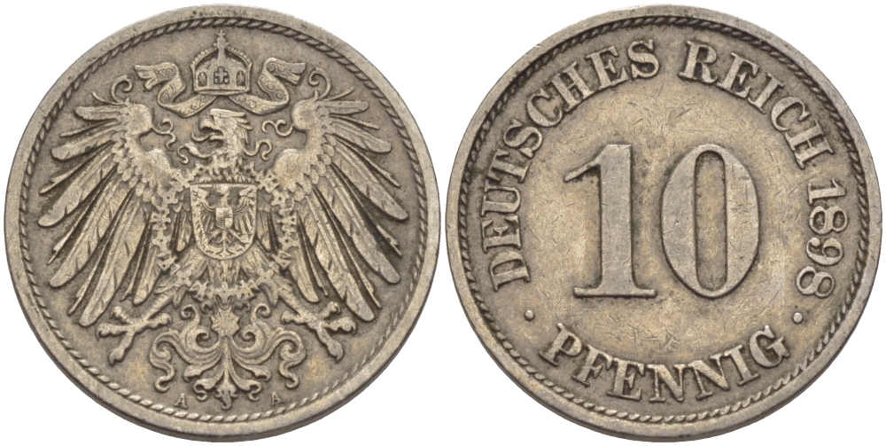 ГЕРМАНИЯ 10 ПФЕННИГОВ 1898 A KM 12, J. 13 медно-никель 28-434
