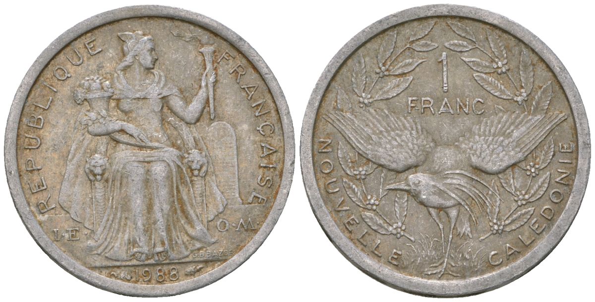 Французская Новая Каледония 1 франк 1988 птица кагу, (IEOM) KM 10, Schoen 10, Lec 48 алюминий 51-3642
