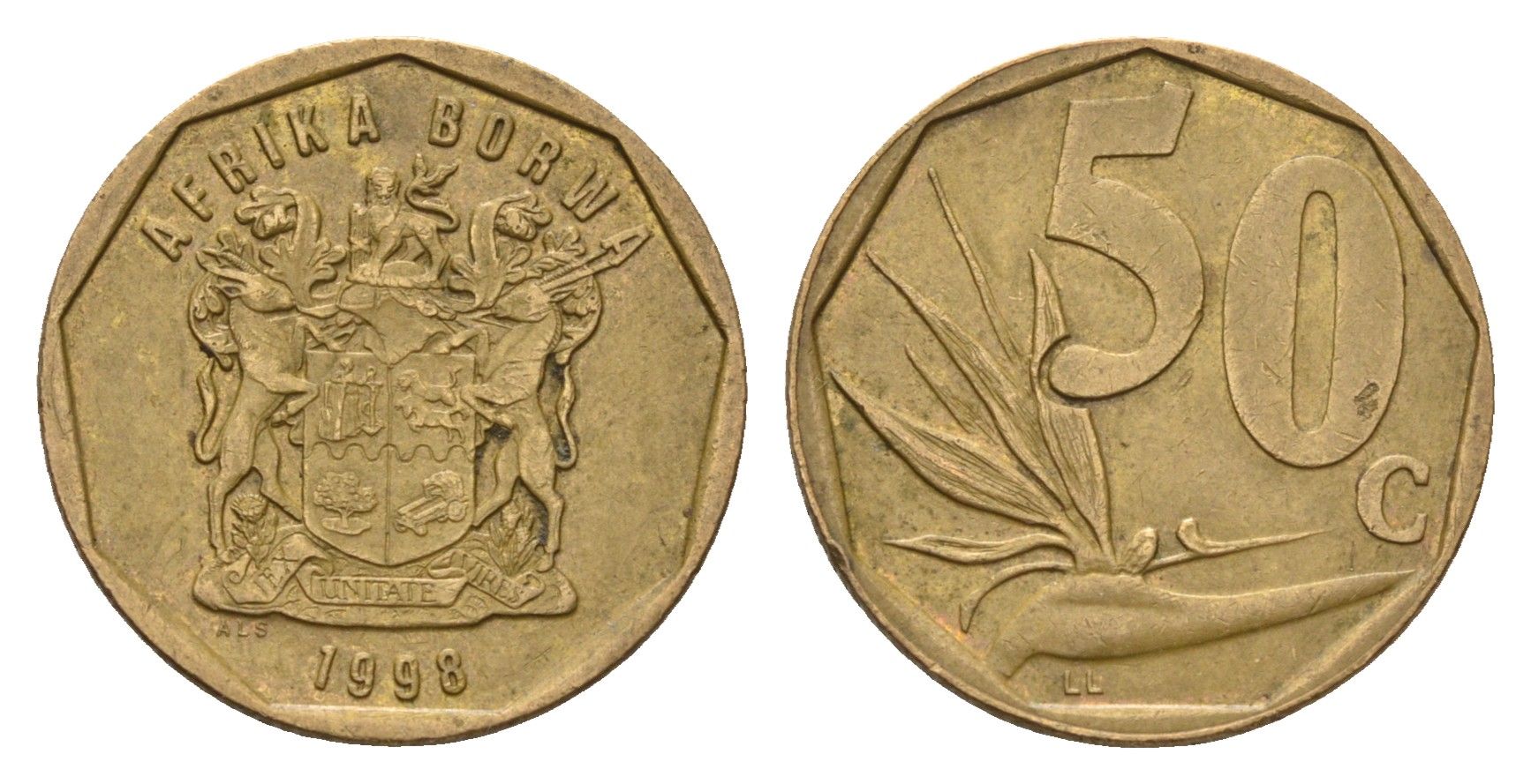 ЮАР 50 центов 1998 Зантедеския Эллиота (калла), герб KM 163 сталь плакированная бронзой 4694-949