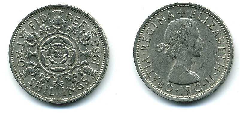 Великобритания 2 шиллинга (флорин) 1966 Елизавета II (1952-2022) KM 906, Spink 4146 медно-никель 4110-1525