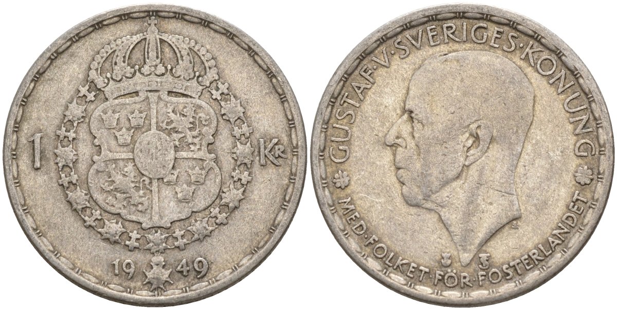 Швеция 1 крона 1949 TS, Густав VI Адольф (1950-1973) KM 814 серебро 4148-1114