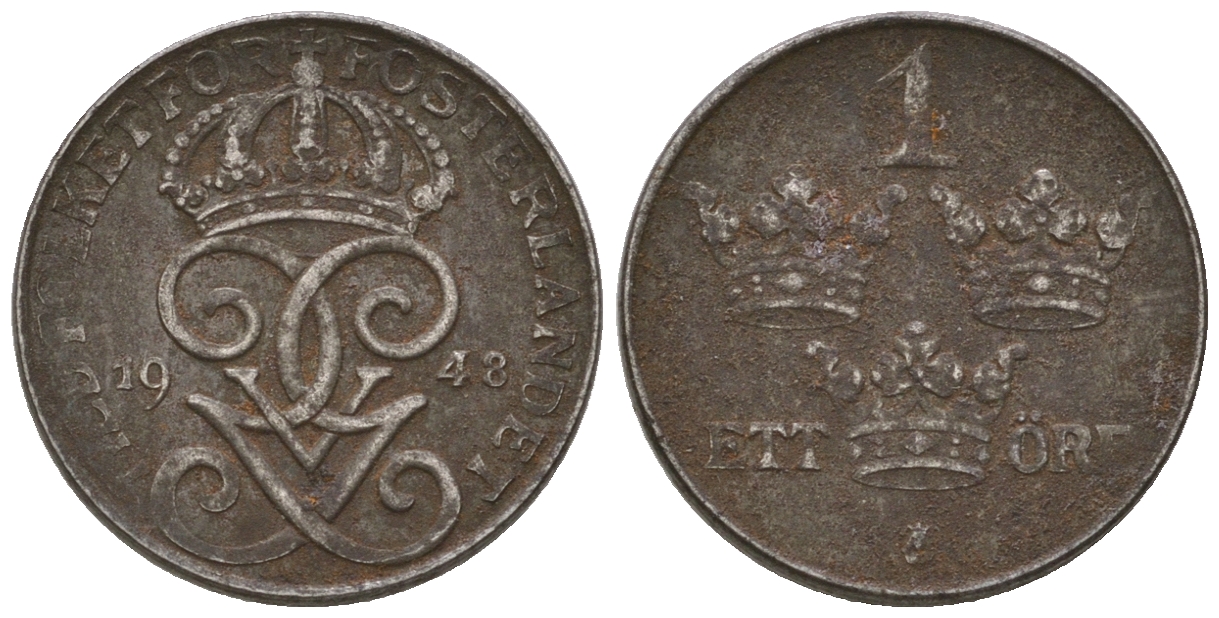 Швеция 1 эре 1948 Густав V (1907-1950) KM 810 железо 4651-147