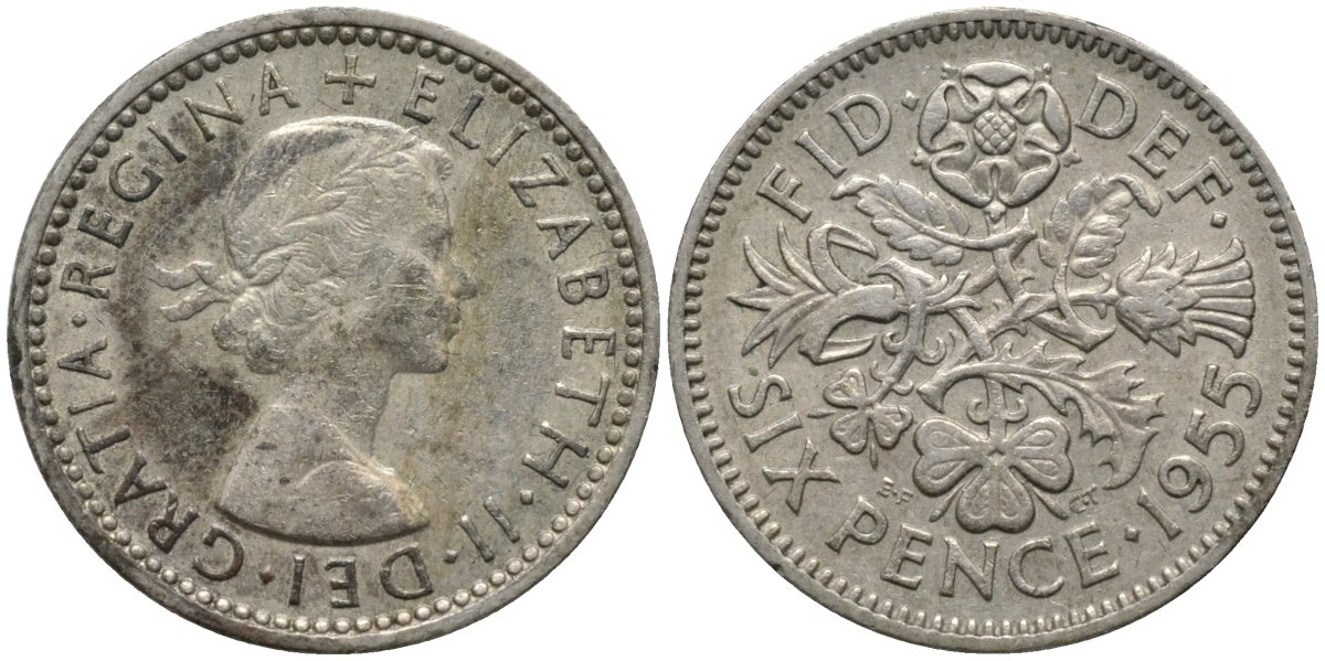 Великобритания 6 пенсов 1955 Елизавета II (1952-2022) KM 903, Spink 4149 медно-никель 4567-468