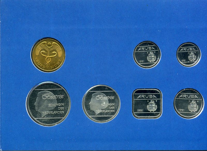 Аруба официальный набор из 6 монет 1991 в оригинальном буклете, с жетоном монетного двора KM MS6 UNC 2-5-2-35