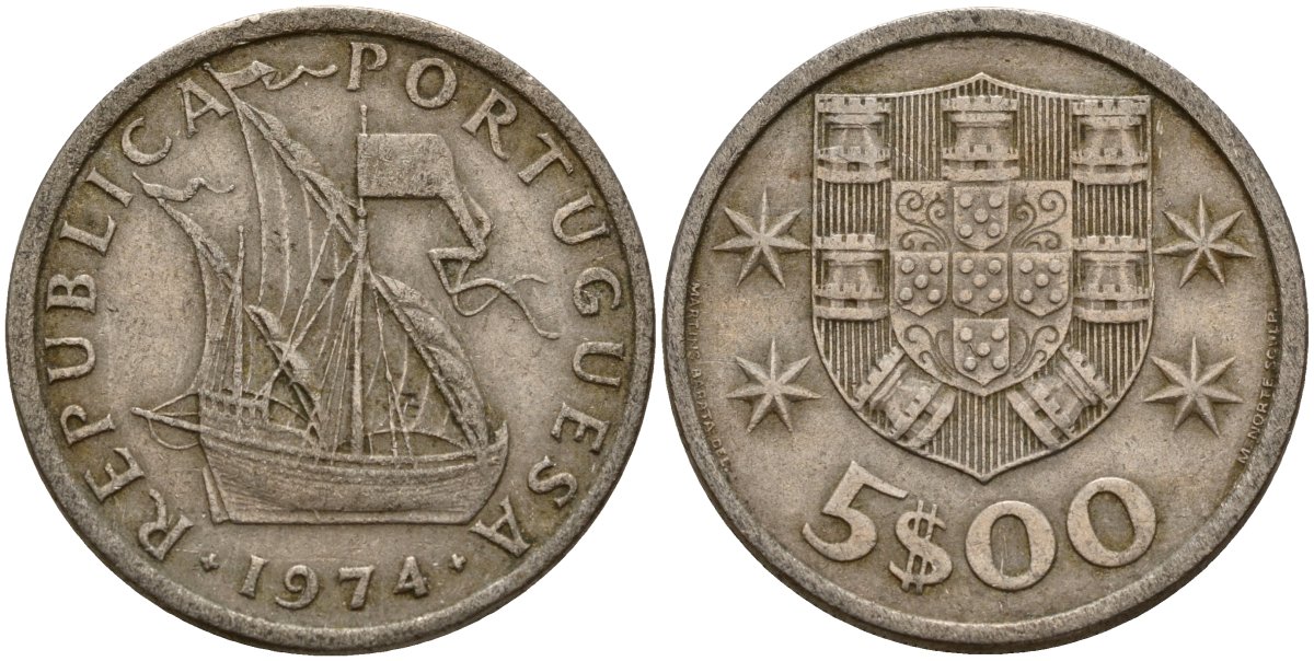 Португалия 5 эскудо 1974 KM 591 медно-никель 4156-542