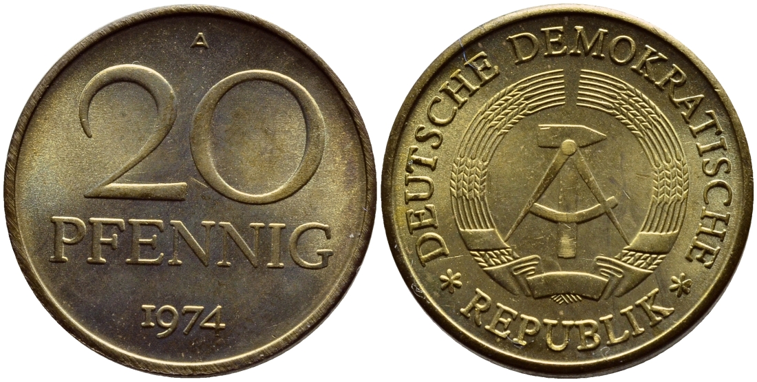 ГДР 20 пфеннигов 1974 А KM 11 латунь UNC 54-1852