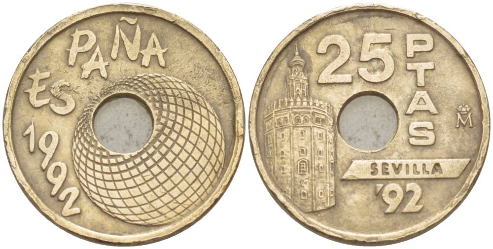 Испания 25 песет 1992 золотая башня в Севилье, EXPO 1992, Хуан Карлос I (1975-2014) KM 905 никель-бронза 4551-1015