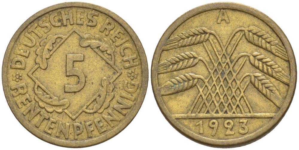 ГЕРМАНИЯ 5 РЕНТЕНПФЕННИГОВ 1923 А KM 32, J. 308, Weege 6 алюминиевая бронза 4551-136