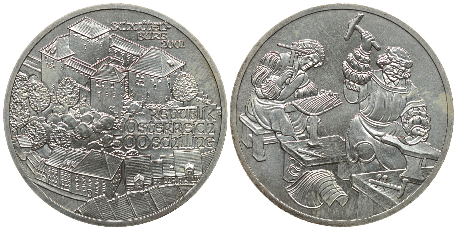Австрия 500 шиллингов 2001 замок Шаттенбург, кузнецы KM 3080 серебро UNC 413-4321