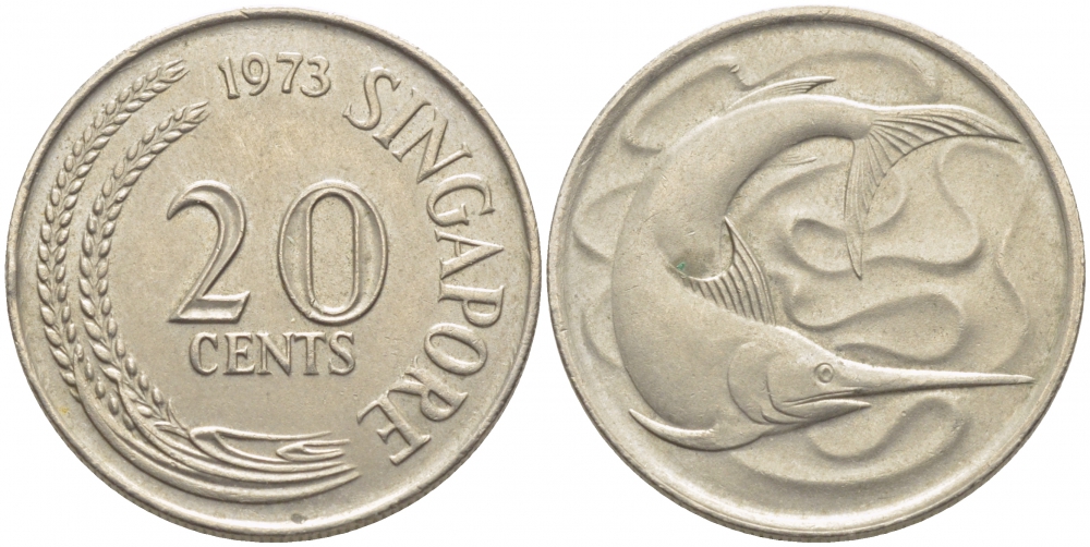 СИНГАПУР 20 ЦЕНТОВ 1973 ГОЛУБОЙ МАРЛИН, ТУНЕЦ KM 4 медно-никель 3856-945