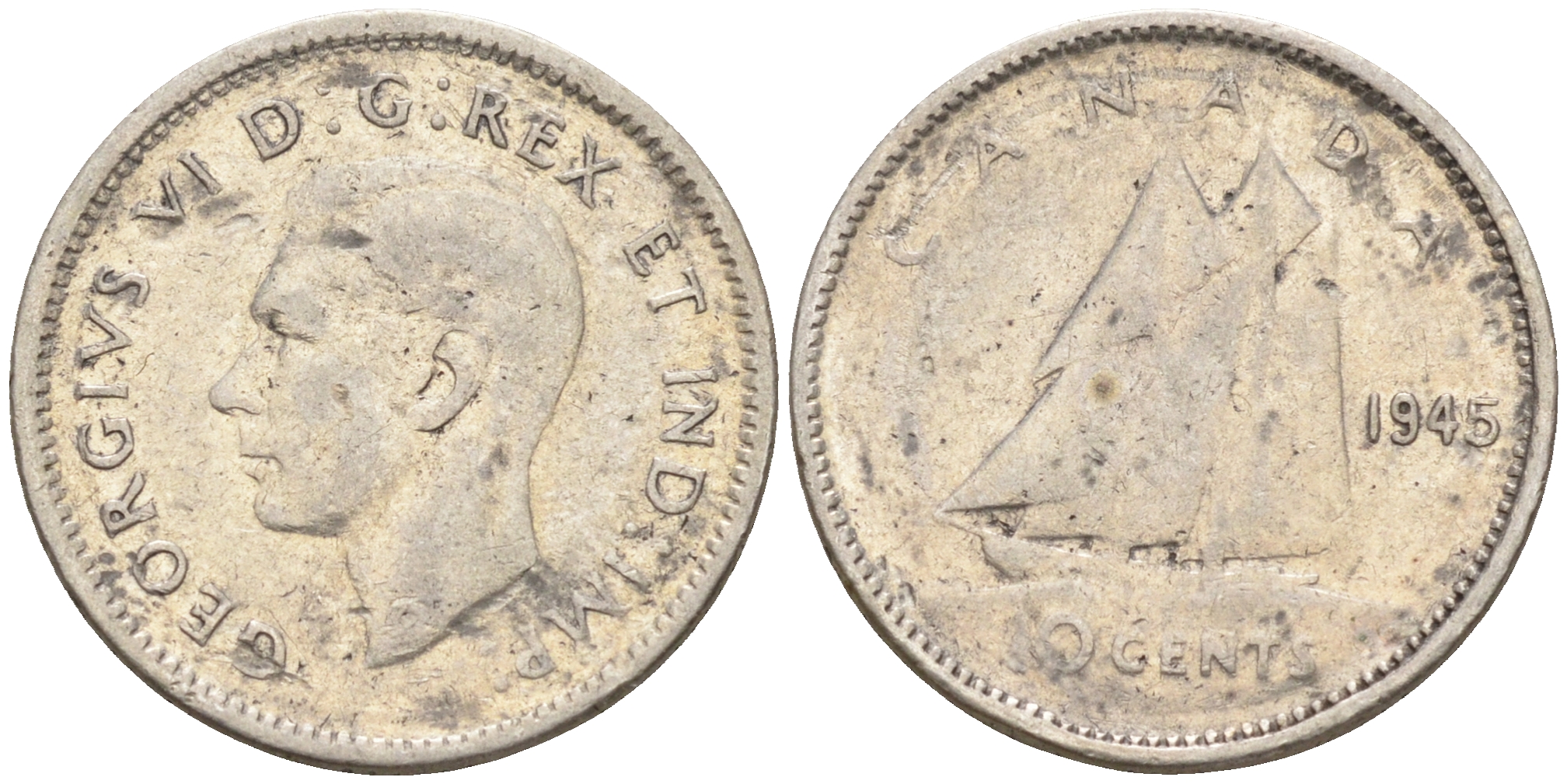 Канада 10 центов 1945 Георг VI (1937-1952), парусник KM 34 серебро 4147-412