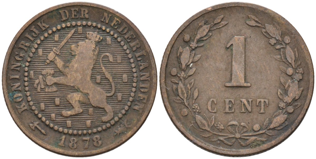 Нидерланды 1 цент 1878 Виллем III (1849-1890) KM 107 бронза 4576-527