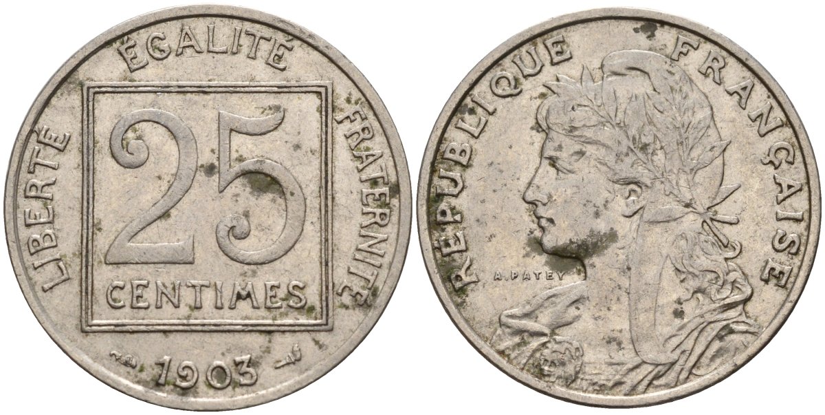 Франция 25 сантимов 1903 Patey 1er Type KM 855, Le FRANC 168.3 никель 4143-617