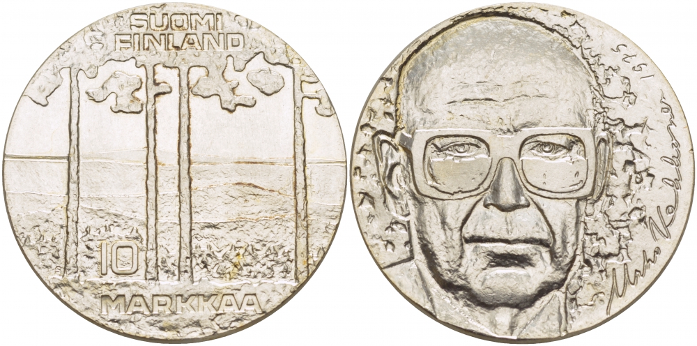Финляндия 10 марок 1975 S-H, 75 лет президенту Урхо Кекконену KM 54 серебро UNC 1515-1534