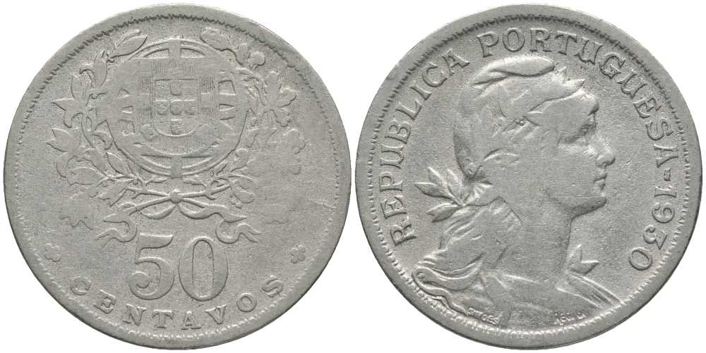 ПОРТУГАЛИЯ 50 СЕНТАВО 1930 ГОЛОВА СВОБОДЫ ВПРАВО КМ 577 медно-никель 202-342