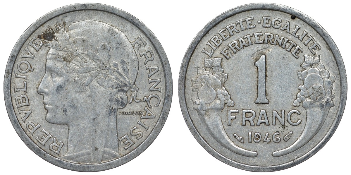 Франция 1 франк 1946 тип Morlon KM 885а.1, Le Franc 221.9 алюминий 4128-316