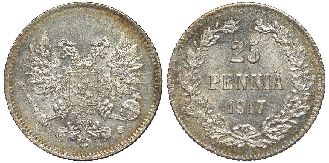 Россия для Финляндии 25 пенни 1917 S, временное правительство, без короны KM 19, Биткин 2 серебро 75-1455