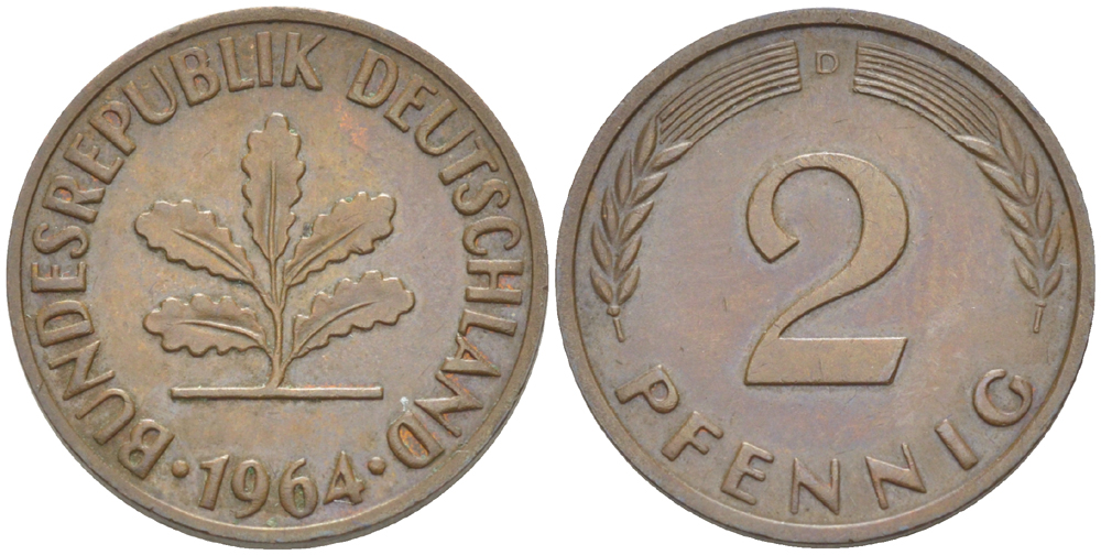 ФРГ 2 ПФЕННИГА 1964 D KM 106, J. 381 бронза 4181-738