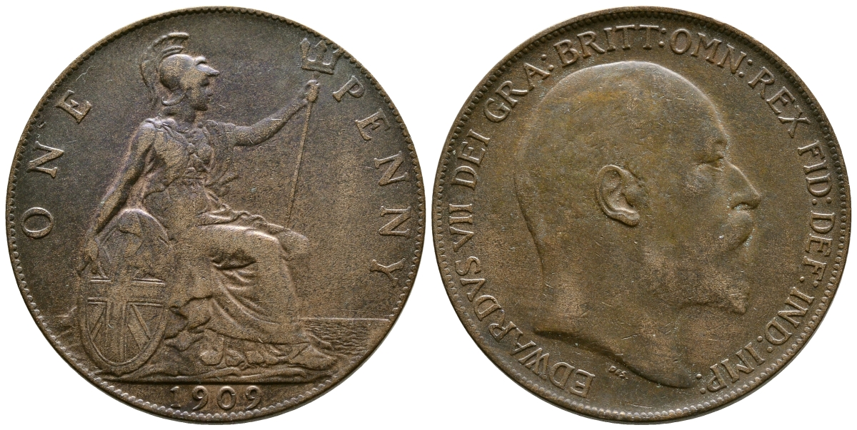 Великобритания 1 пенни 1909 Эдуард VII (1901-1910) KM 794.2, Spink 3990 бронза 37-631
