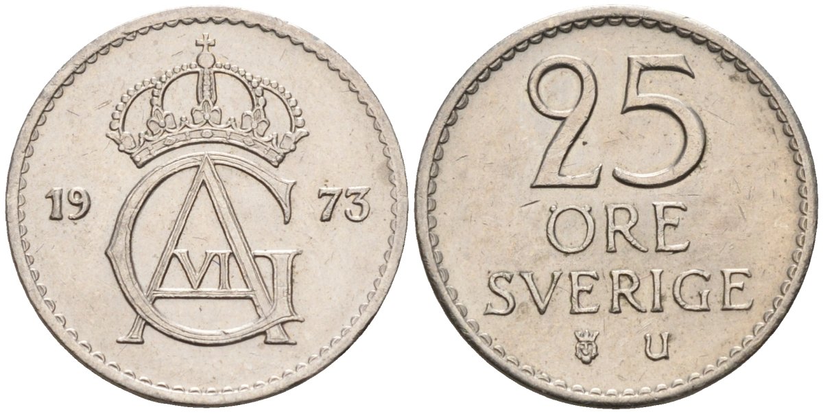 Швеция 25 эре 1973 Густав VI Адольф (1950-1973) KM 836 медно-никель 4580-264