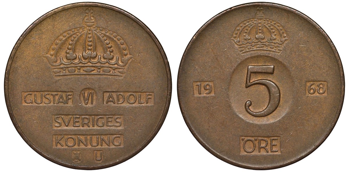 Швеция 5 эре 1968 U, Густав VI Адольф (1950-1973) KM 822 бронза 4131-314