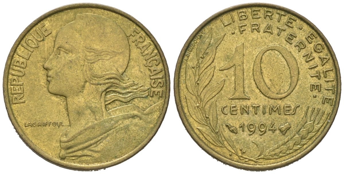 Франция 10 сантимов 1994 KM 929, Le Franc 144/33 алюминиевая бронза 4164-1153