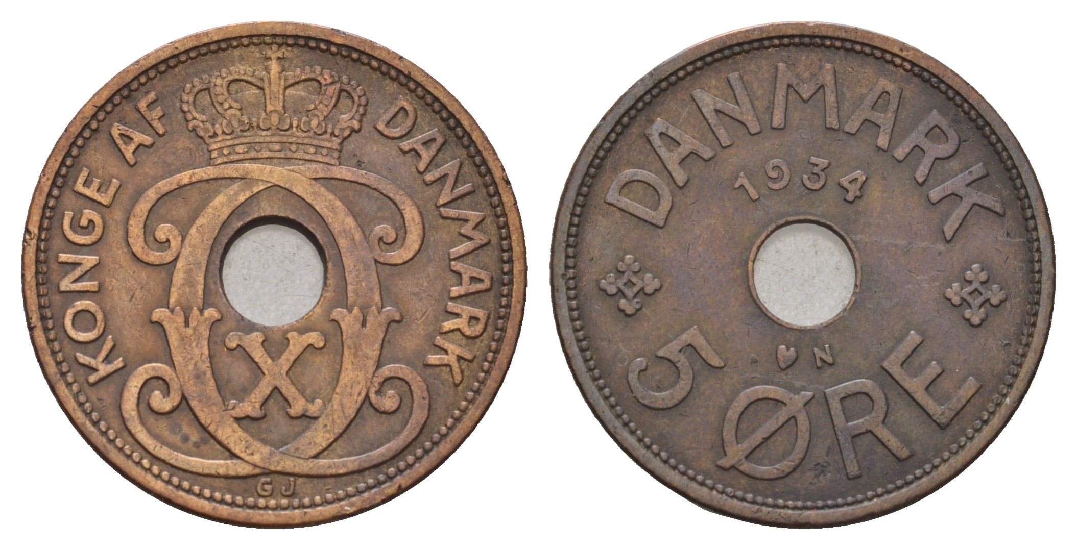 Дания 5 эре 1934 N, Кристиан X (1912-1947) KM 828 бронза 4700-836